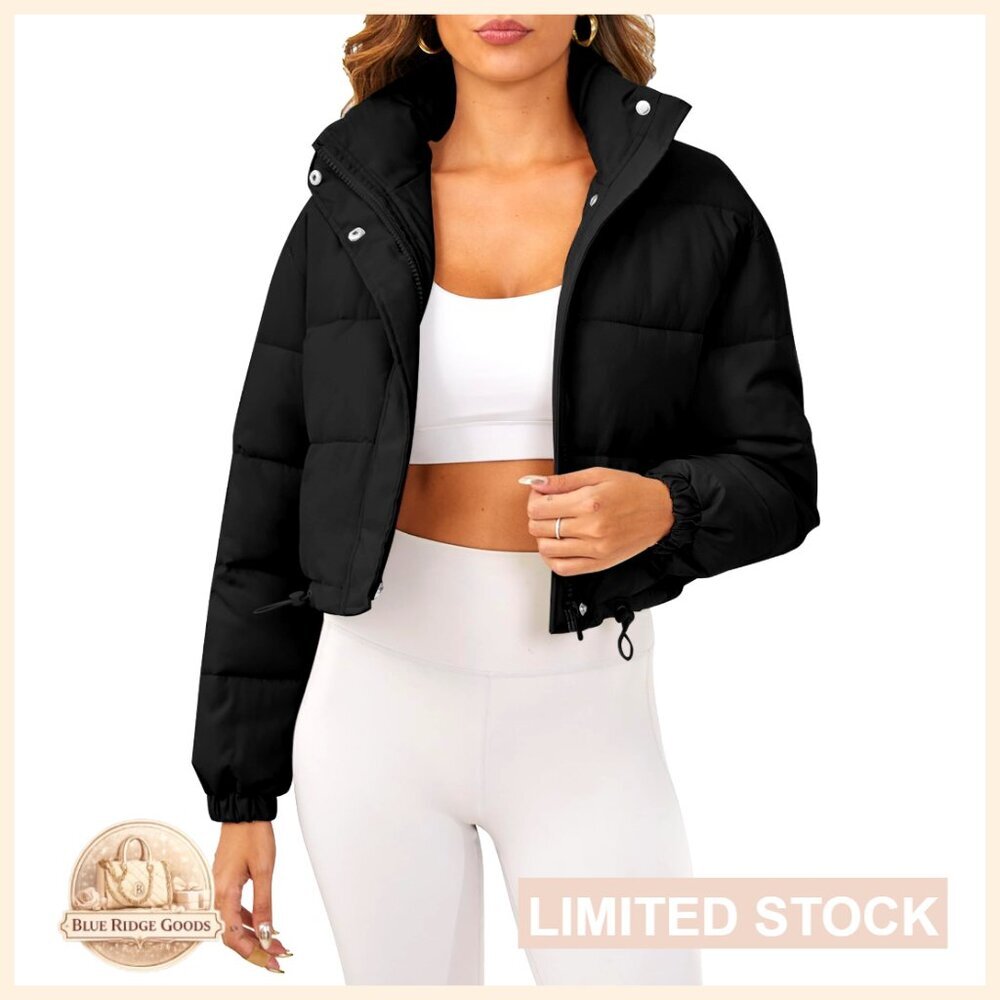 Cropped Puffer Jacket with Stand Collar, Drawstring Hem, and Pockets